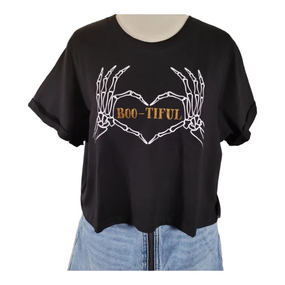NWT Halloween Crop Top Bootiful Skelton Heart Graphic Tee Halloween Shirt L - Picture 5 of 13